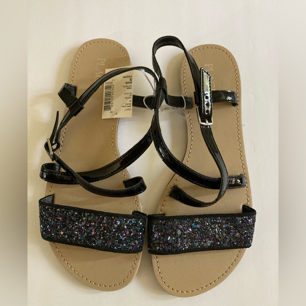 *Children’s Place New Black Glitter Detail with Hook & Latch Sandals #H